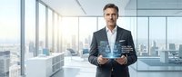 Professional businessman holding futuristic holographic interface in modern office with city skyline view through floor-to-ceiling windows.