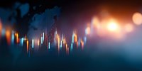 Financial market candlestick graph chart with glowing light effects and bokeh on dark blue background showing stock trading data analysis.