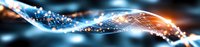 Abstract glowing blue and orange light waves with sparkles and particles flowing in dark space, creating futuristic technology network connection effect.