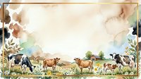 Watercolor farm scene with grazing cattle and pastoral landscape, featuring brown and black cows in meadow with wildflowers and trees for agricultural, rural, and countryside design projects.