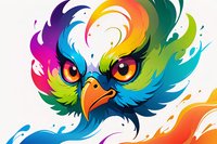 Fierce eagle head with vibrant rainbow-colored feathers and piercing orange eyes against white background, artistic style with dynamic brushstroke effects and bold colors.