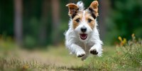 Small energetic dog running through green grass field with tongue out showing pure joy and excitement in natural outdoor setting.
