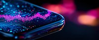 Glowing pink digital graph display on curved smartphone screen with blue light reflections against dark background, modern technology visualization.