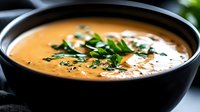Creamy peanut soup with green onion garnish in black bowl, comfort food for lunch or dinner preparation and restaurant menu use.