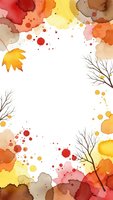 Watercolor autumn frame with colorful leaves, branches and paint splatters on white background for seasonal designs, greeting cards and fall decorations.