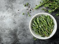 Fresh rosemary sprigs in white ceramic bowl on dark concrete background with scattered herbs and spices, top view with copy space for food photography.