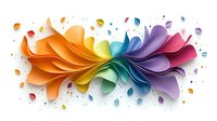 Colorful abstract paper flower shape with rainbow gradient petals and scattered elements on white background, isolated design element for creative projects.
