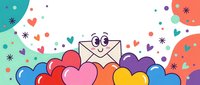Cheerful cartoon envelope character with glasses surrounded by colorful hearts and decorative elements on white background for greeting cards and designs.