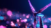 Wind turbine silhouette against dark blue sky with glowing pink and purple bokeh lights creating magical atmosphere for renewable energy concept.