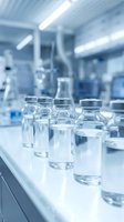 Glass vials and bottles arranged on laboratory bench in modern research facility with sterile blue lighting and scientific equipment background.