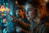 Young Caucasian woman with blonde hair interacting with futuristic digital interface display in dark environment, illuminated by blue technological glow, wearing casual jacket.