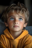 Young Caucasian child with striking blue eyes wearing yellow hoodie gazes upward with wonder and curiosity against dark background, portrait in natural lighting.