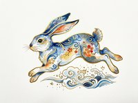 Leaping rabbit with blue floral and wave patterns in traditional Asian art style, isolated on transparent background, for t-shirts, stickers, and print on demand.