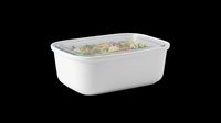 Rectangular white food container with clear lid filled with fresh salad, isolated on transparent background, ready for clipart, print-on-demand, t-shirt design, stickers, and sublimation projects.
