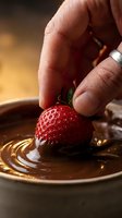 Hand dipping fresh strawberry into melted chocolate sauce for dessert preparation and food styling applications.