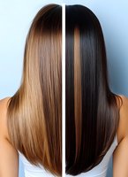 Split comparison of blonde and dark brown straight long hair with caramel highlight streak, showing smooth texture and healthy shine against light background.