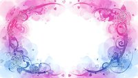 Watercolor frame with pink and purple gradient swirls, decorative flourishes and white center space for text or design elements.