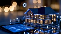 Modern luxury villa with swimming pool at night, illuminated house exterior with glowing windows and bokeh lights reflecting in water surface.
