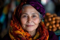 Smiling senior Asian woman wearing colorful headscarf and traditional clothing, portrait with soft natural lighting and blurred background showing cultural diversity.
