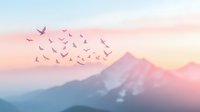 Tranquil mountain landscape at sunset with silhouettes of birds flying in pink and purple sky, dreamy atmospheric scene with layered peaks in misty distance.