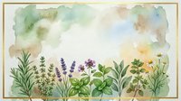 Watercolor botanical border with herbs and wildflowers on textured paper background for natural design projects and organic branding materials.
