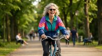 Happy senior woman with curly blonde hair riding bicycle in sunny park wearing colorful retro tracksuit and sunglasses enjoying active lifestyle outdoors.