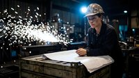 Female worker in hard hat and safety glasses reviewing blueprints at industrial workstation with welding sparks flying in background factory setting.