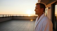 Caucasian male professional in white shirt standing on modern rooftop terrace at golden hour sunset, gazing toward horizon with contemplative expression, urban architecture and railing visible.