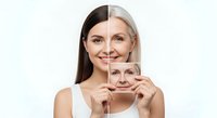 Aging process concept showing young woman holding transparent photo of elderly female face, illustrating beauty transformation and skin changes over time.