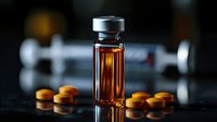 Amber glass vial with medical pills and syringe on dark reflective surface, dramatic lighting creates medical atmosphere for healthcare concepts.