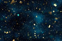 Deep blue cosmic background with golden glitter particles and teal bokeh lights creating a magical celestial atmosphere for luxury designs.