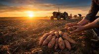 Farmer harvesting fresh potatoes at sunset with tractor in background. Agricultural worker collecting organic vegetables from fertile soil during golden hour harvest season.