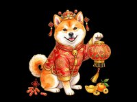 Shiba Inu dog wearing red traditional Chinese outfit with gold accents, holding decorative lantern, isolated on transparent background. Ready for t-shirts, stickers, clipart, print-on-demand, sublimation designs.