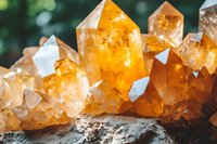 Glowing orange citrine crystal cluster with translucent points and natural formations on dark stone, illuminated against blurred green background. Healing mineral specimen.