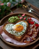 Heart shaped egg in toast breakfast with crispy bacon and avocado on rustic plate. Romantic morning meal with herbs and seasonings. Food photography.