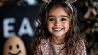 Smiling young girl in sparkly dress and bunny ears headband against dark background with festive Easter decorations and smiley face balloon.