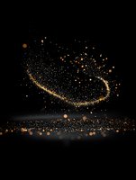 Magical golden glitter trail with sparkling particles and bokeh lights swirling against dark background, creating ethereal atmospheric effect for luxury designs.