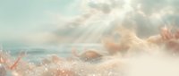 Serene beach scene with soft sunlight filtering through clouds, gentle waves, and sandy shore with starfish and shells scattered across the sand.