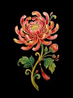 Ornate chrysanthemum flower with layered red and gold petals, green stem and foliage, isolated on transparent background. Ready for t-shirts, stickers, clipart, sublimation and print-on-demand designs.