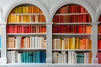 Colorful books arranged by spectrum on elegant white arched bookshelves, creating vibrant rainbow organization from yellow to red to pastel and blue tones.