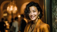 Young Asian businesswoman smiling confidently in elegant restaurant setting with warm lighting and sophisticated atmosphere for corporate dining.
