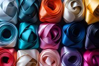 Colorful rolled satin ribbons arranged in rows creating abstract pattern with vibrant blue, red, pink, purple and white colors. Macro photography shows fabric texture.