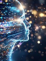 Glowing digital profile made of light particles and bokeh effects against dark background, representing artificial intelligence and future technology.