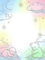 Dreamy pastel nursery frame with sleeping animals, crescent moon, stars and clouds on gradient background for baby shower invitations and children designs.