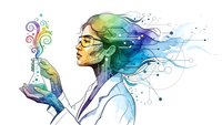 Young female scientist with colorful flowing hair holding test tube with swirling elements, watercolor style artwork isolated on white background for creative designs.