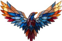 Geometric eagle with spread wings in stained glass mosaic style featuring vibrant blue, red, orange and brown angular shapes on white background, ready for design use.