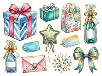 Watercolor gift boxes, wrapped presents, and decorative bows with ribbons isolated on white background, ready for greeting cards, invitations, and holiday design projects.