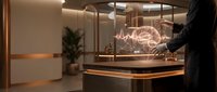 Modern kitchen interior with glowing brain hologram display on island counter showcasing futuristic smart home technology and artificial intelligence integration.