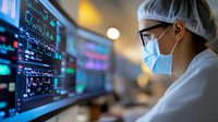 Asian female medical professional in protective mask and cap monitoring vital signs on multiple screens in hospital intensive care unit, focused on patient data analysis.