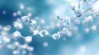 Molecular structure visualization on blue background with bokeh effect shows chemical bonds and atoms in scientific research and biotechnology concept.